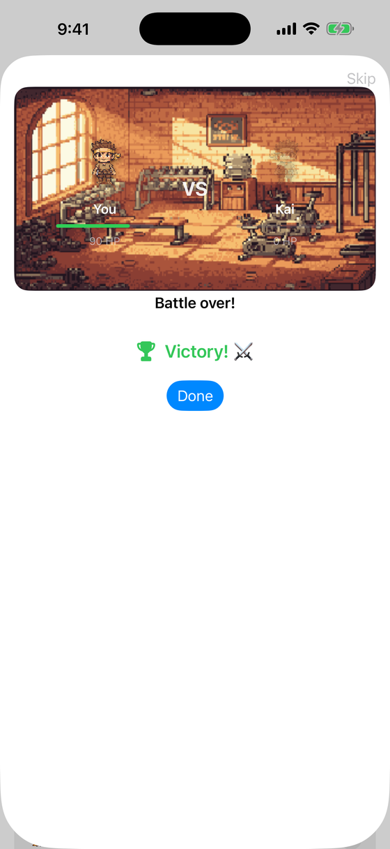 Pixel-art battle replay in a gym arena with a victory banner