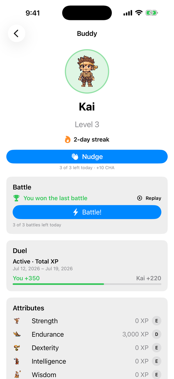 Buddy profile with an active week-long duel and battle card