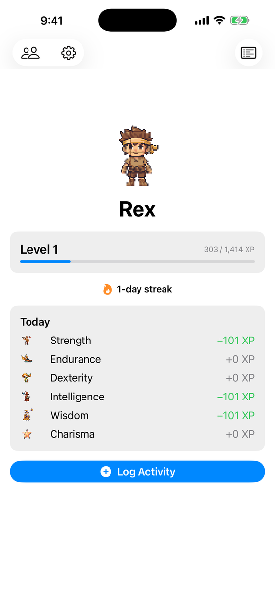 Home screen: pixel buddy Rex at level 1 with today's XP per attribute