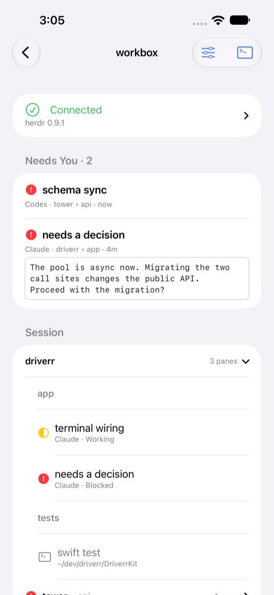 Session view: a Needs you section listing the blocked agent above the workspace tree