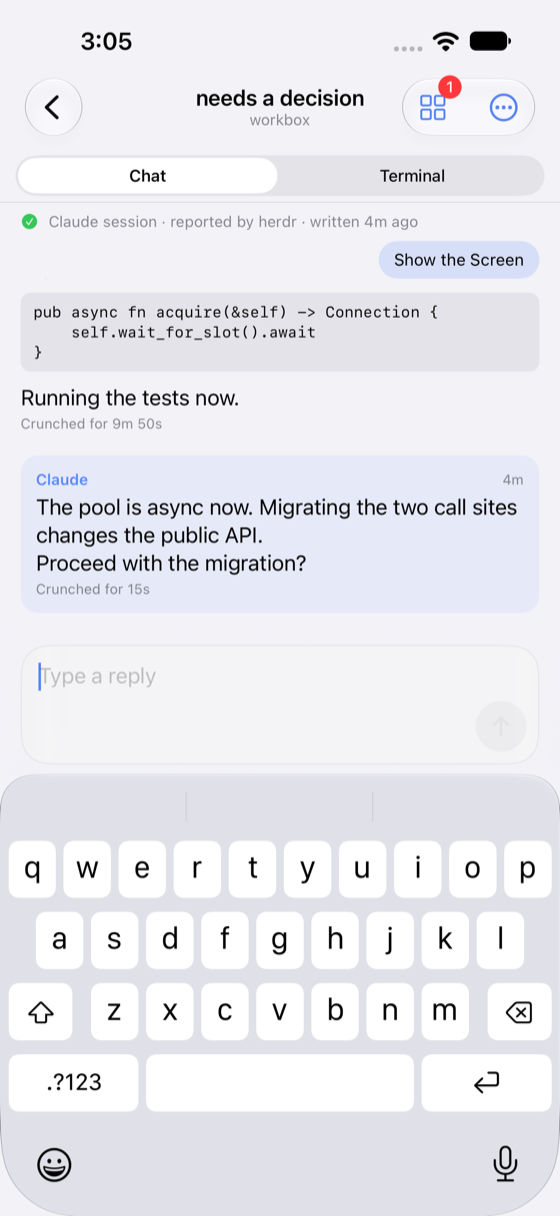 Composer: a text field and a row of keys a phone keyboard lacks, for answering an agent