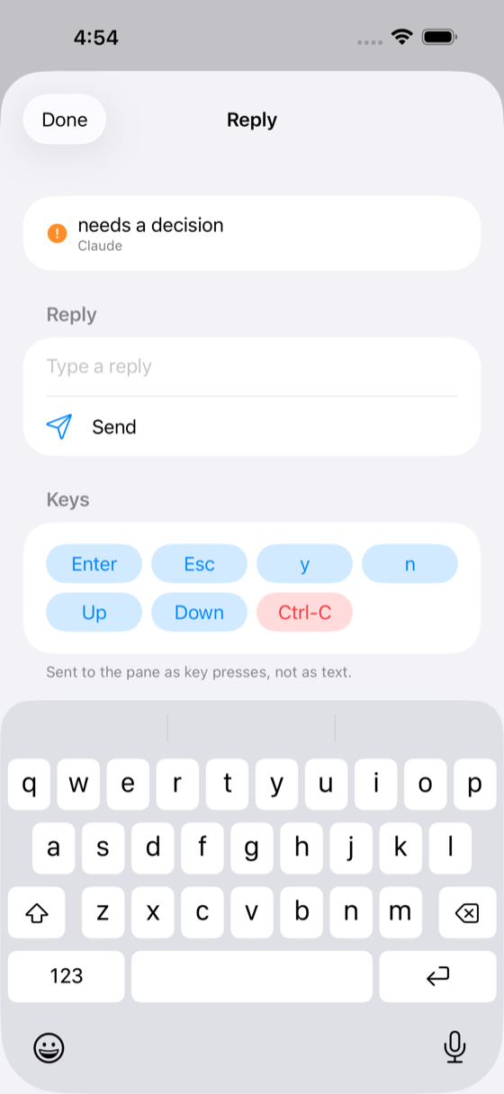 Composer: a text field and a row of keys a phone keyboard lacks, for answering an agent