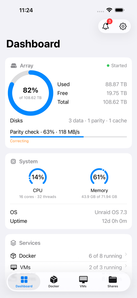 Dashboard: array capacity and parity state above system metrics and per-disk temperatures