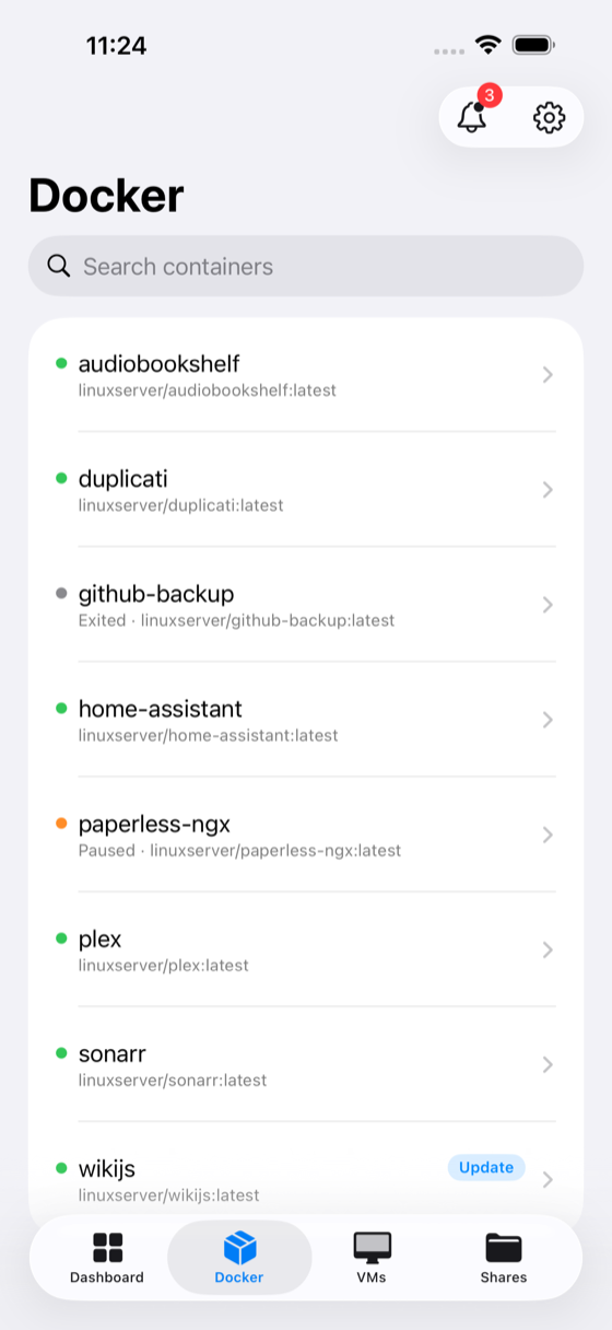 Docker tab: running containers with their state, image, and uptime