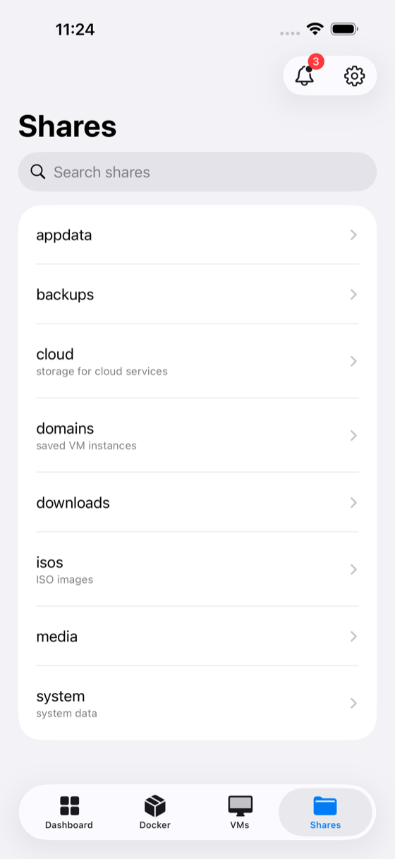 Shares tab: every user share with its description, searchable